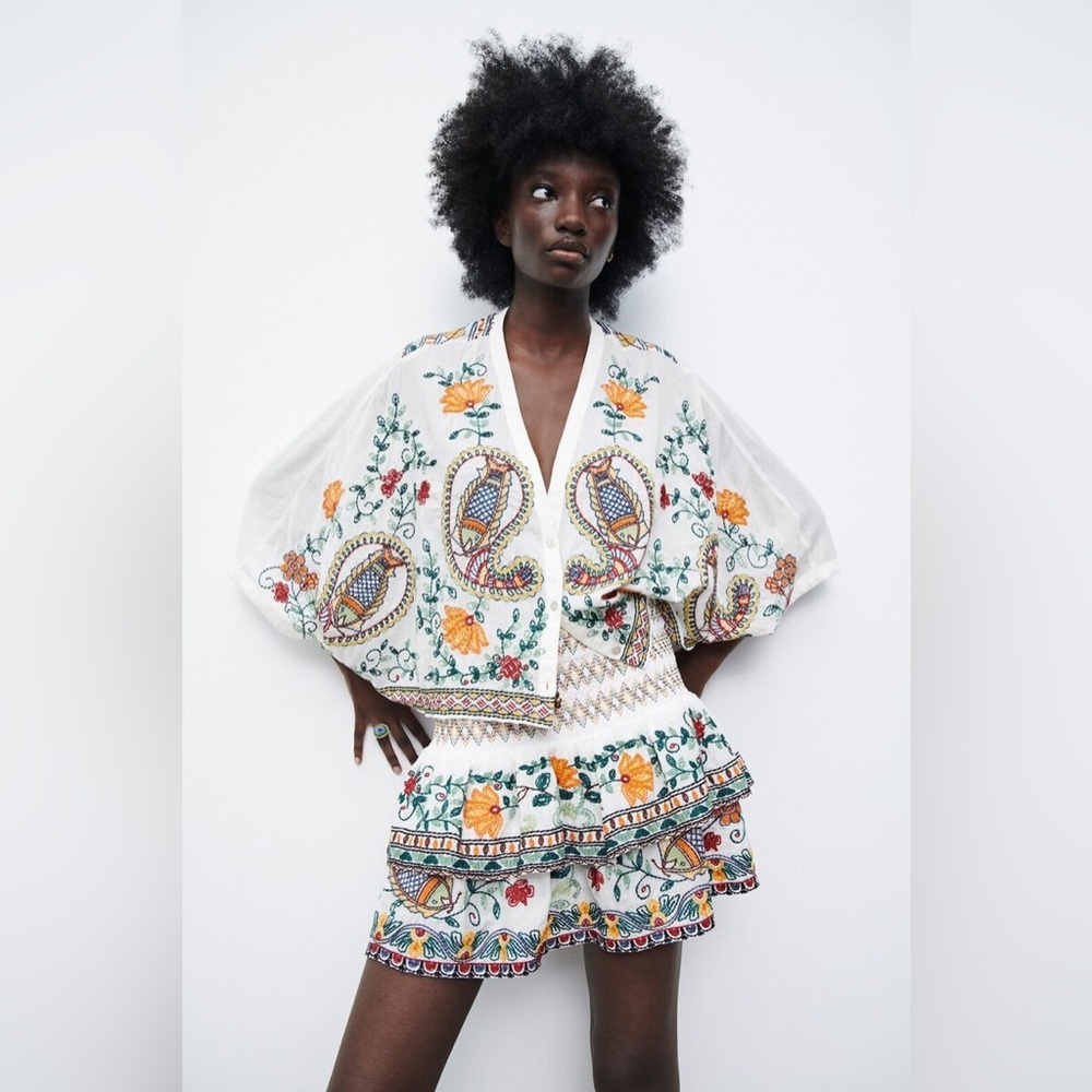 NWT ZARA Multicolor embroidered drop sleeves cropped blouse